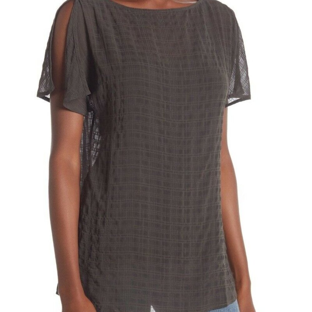 14th & Union Women's Grey Chiffon Sheer Blouse Top